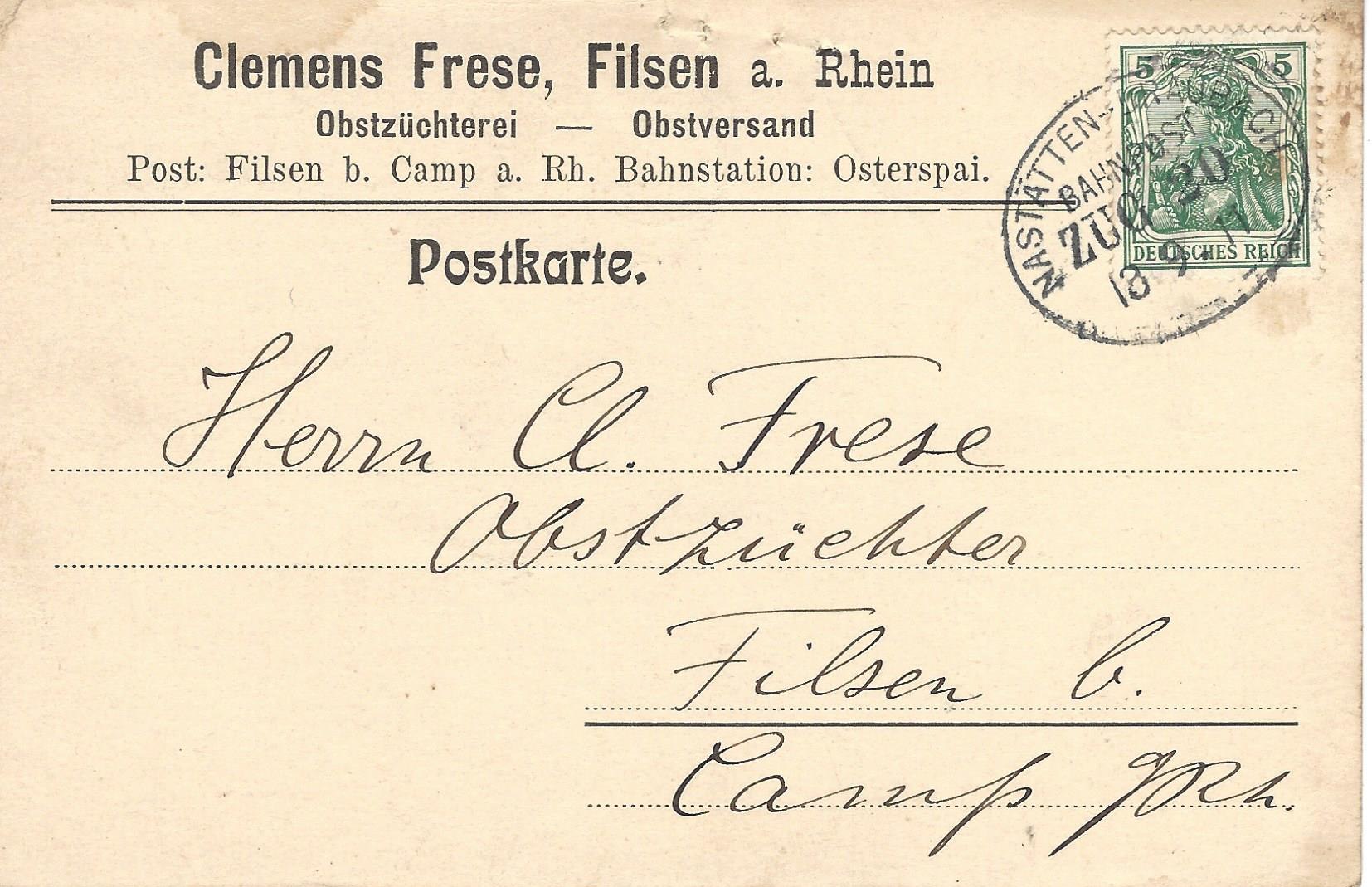 Eine alte Postkarte adressiert an Obstzüchterei - Obstversand Clemens FRESE, Filsen. Datiert 18.09.1911 | © aus der Sammlung Alfred Neckenich 