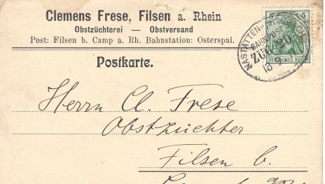 Eine alte Postkarte adressiert an Obstzüchterei - Obstversand Clemens FRESE, Filsen. Datiert 18.09.1911 | © aus der Sammlung Alfred Neckenich 